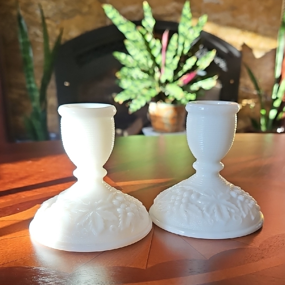 VTG Imperial Glass Milk Glass Grape Taper Candlestick Holders Pair, Ring of Fire